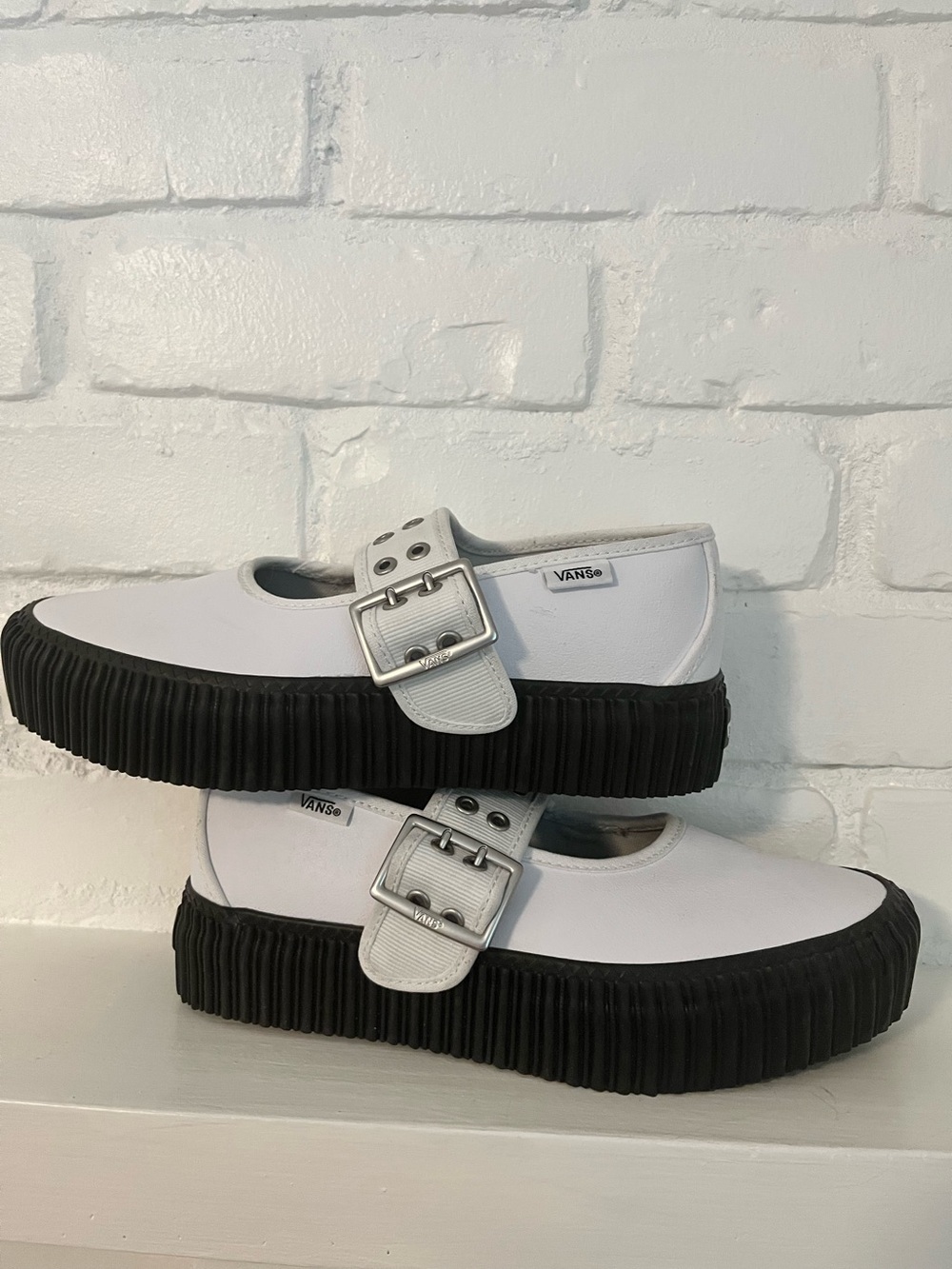 Vans White Mary Jane Creepers w/Black Platform and Silver Buckle